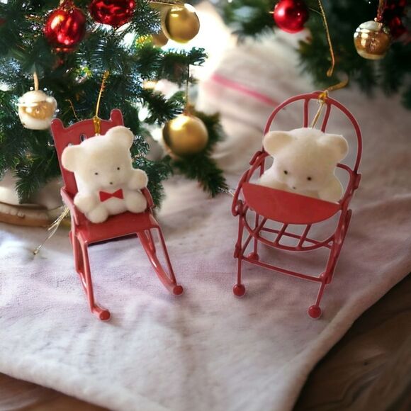 Avon Flocked Teddy Bear Ornament Lot x 2 Red Metal Rocking Chair High Chair. - Picture 1 of 15
